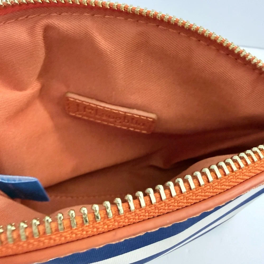 J. McLaughlin Navy and White Striped Cosmetic Bag with Tan Trim - Picture 2 of 10